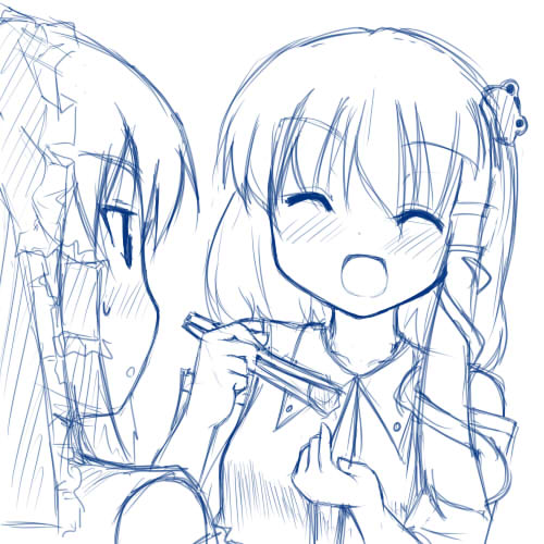 morino harifu, hakurei reimu, kochiya sanae, touhou, lowres, 2girls, blue theme, female focus, monochrome, multiple girls, sketch