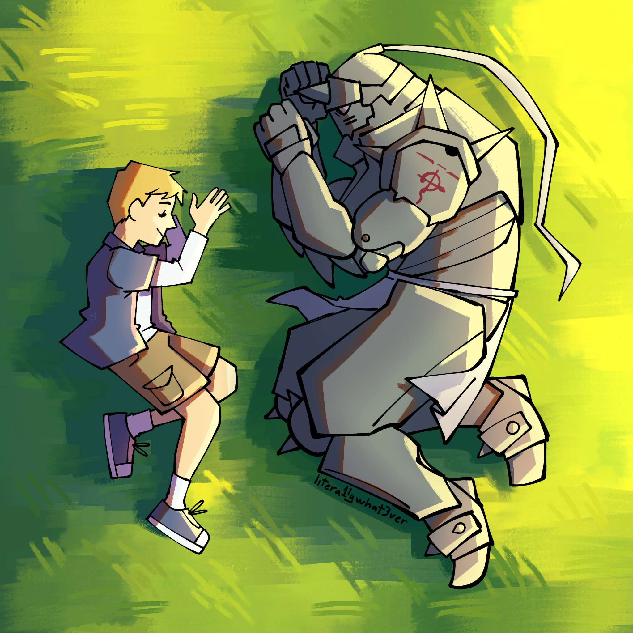 alphonse elric, fullmetal alchemist, commentary, english commentary, highres, 2boys, ankle socks, armor, artist name, backlighting, black outline, blonde hair, blue shirt, blue shoes, brown shorts, cargo shorts, clenched hands, closed eyes, closed mouth, collared shirt, day, dual persona, dusk, elbow spikes, face-to-face, flamel symbol, from above, from side, full armor, full body, gauntlets, grass, grey armor, hand rest, happy, knee spikes, knees together feet apart, layered sleeves, litera1lywhat3ver, loincloth, long sleeves, lying, male focus, multiple boys, nature, on grass, on side, open clothes, open shirt, outdoors, outline, plain, profile, saturated, shadow, shirt, shoes, short over long sleeves, short sleeves, shorts, shoulder spikes, shoulder tattoo, size difference, sleeping, smile, sneakers, socks, spiked armor, spiked helmet, spikes, sunlight, swept bangs, tattoo, time paradox, undershirt, white shirt, white socks