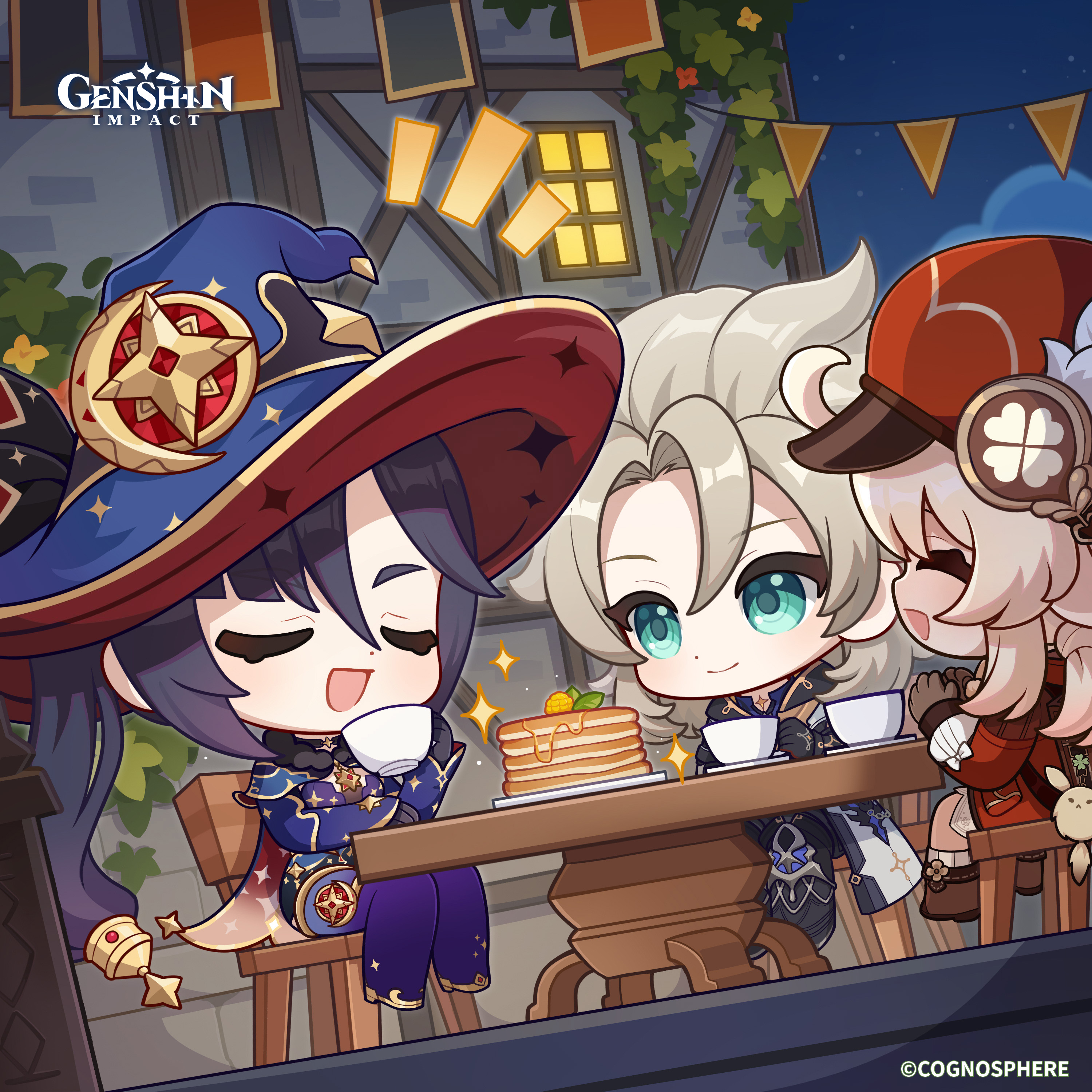 albedo (genshin impact), dodoco (genshin impact), klee (genshin impact), mona (genshin impact), mona (pact of stars and moon) (genshin impact), genshin impact, absurdres, commentary, english commentary, highres, official art, 1boy, 2girls, aqua eyes, blonde hair, boots, brown gloves, chair, chibi, closed eyes, closed mouth, copyright name, cup, dot nose, dress, food, gloves, hair between eyes, hair ornament, hands up, hat, hat ornament, holding, holding cup, leotard, light smile, long hair, looking at another, multiple girls, newsboy cap, night, night sky, official alternate costume, on chair, open mouth, outdoors, pancake, pancake stack, parted bangs, red dress, sitting, sky, sparkle print, star (sky), starry sky, table, teacup, twintails, very long hair, witch hat