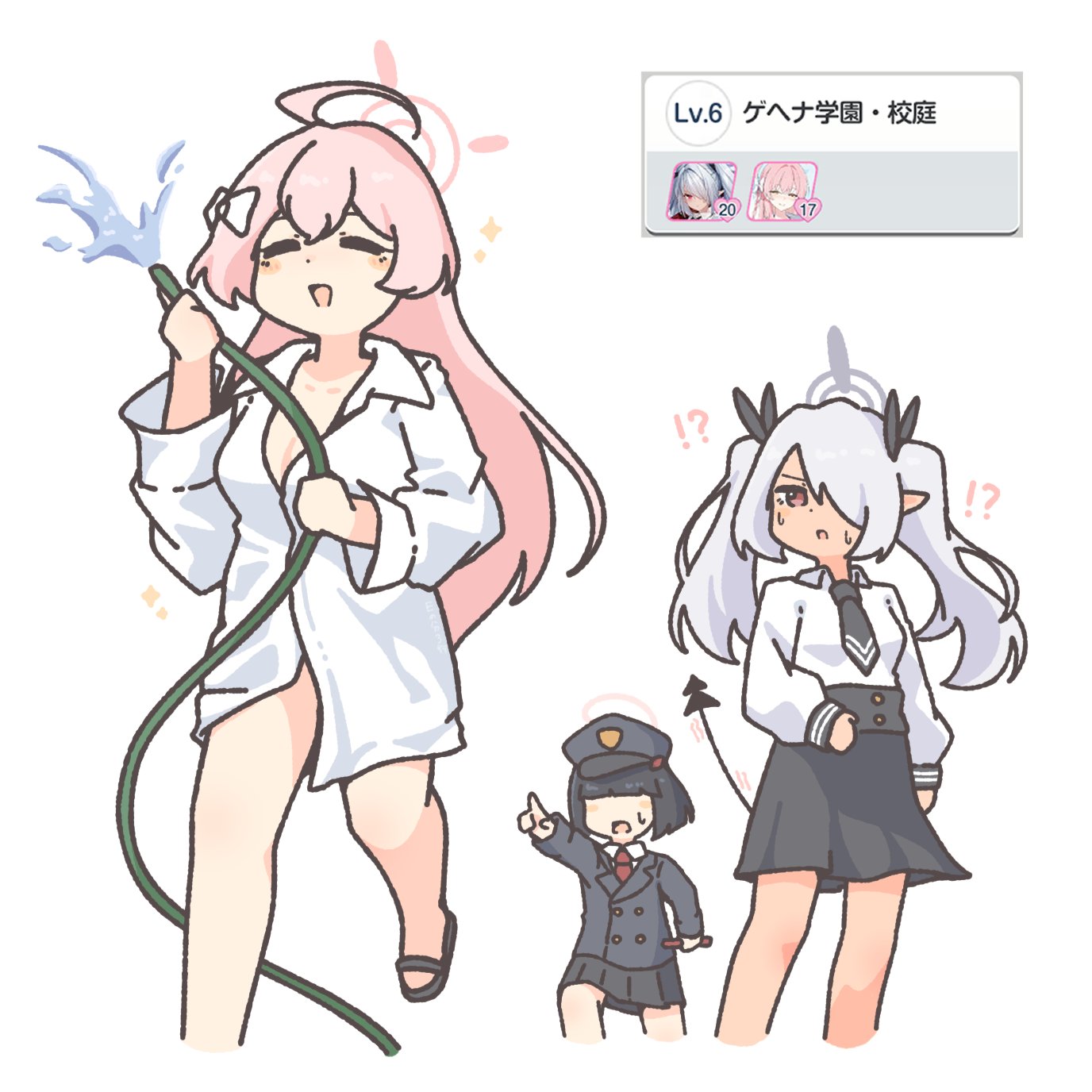 enobun3gyo, gehenna student (blue archive), hanako (blue archive), iori (blue archive), blue archive, highres, translation request, !?, 3girls, = =, black hair, blush stickers, breasts, buttons, closed eyes, demon tail, double-breasted, gameplay mechanics, grey hair, hair ribbon, halo, hat, hose, laughing, long hair, military hat, multiple girls, naked shirt, necktie, nervous sweating, pink hair, pleated skirt, pointing, pointy ears, red eyes, ribbon, running, sandals, school uniform, shirt, short hair, shouting, simple background, skirt, sparkle, spraying, sweat, tail, twintails, undershirt, very long hair, white background, white shirt