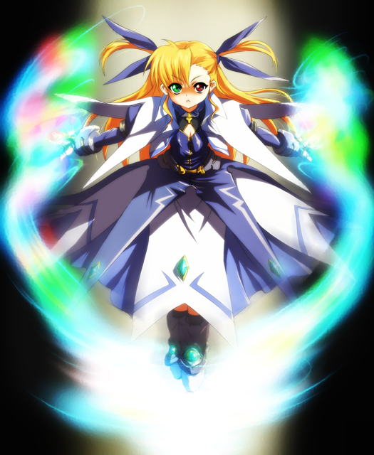 nekomamire, vivio, lyrical nanoha, mahou shoujo lyrical nanoha, mahou shoujo lyrical nanoha strikers, 00s, 1girl, aged up, blonde hair, dress, female focus, flying, full body, heterochromia, long hair, magic, solo