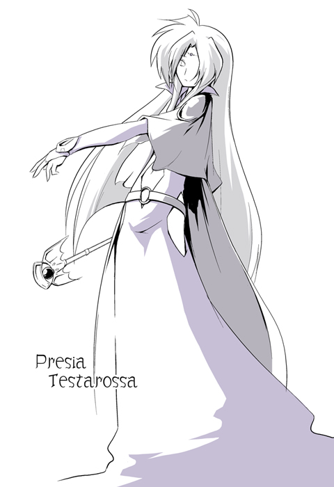 namuru, presea testarossa, lyrical nanoha, mahou shoujo lyrical nanoha, 00s, 1girl, female focus, long hair, monochrome, purple theme, solo, staff