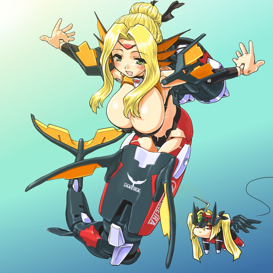 dd (ijigendd), eukrante, ianeira, ianeira (limited edition), busou shinki, bad id, bad pixiv id, 10s, 2girls, :d, bandeau, bent over, blonde hair, blush, breast envy, breasts, cleavage, doll joints, fins, gradient background, green eyes, hair bun, hanging breasts, head fins, huge breasts, joints, mecha musume, mermaid, monster girl, multiple girls, open mouth, single hair bun, smile, thigh gap, twintails