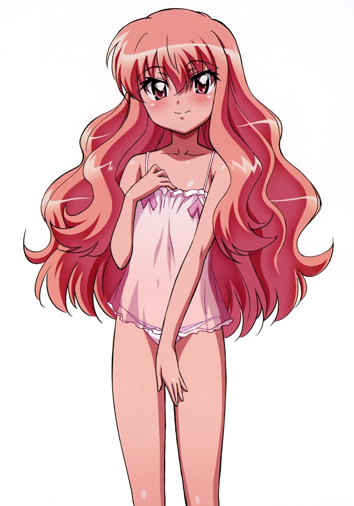 fujii masahiro, louise francoise le blanc de la valliere, zero no tsukaima, hand on thigh, official art, 00s, 1girl, blush, camisole, covered navel, female focus, flat chest, frills, hair between eyes, hand on own chest, light smile, lingerie, long hair, looking at viewer, lowleg, lowleg panties, panties, pink eyes, pink hair, purple panties, ribbon, see-through clothes, simple background, smile, solo, standing, underwear, underwear only, very long hair, wavy hair, white background