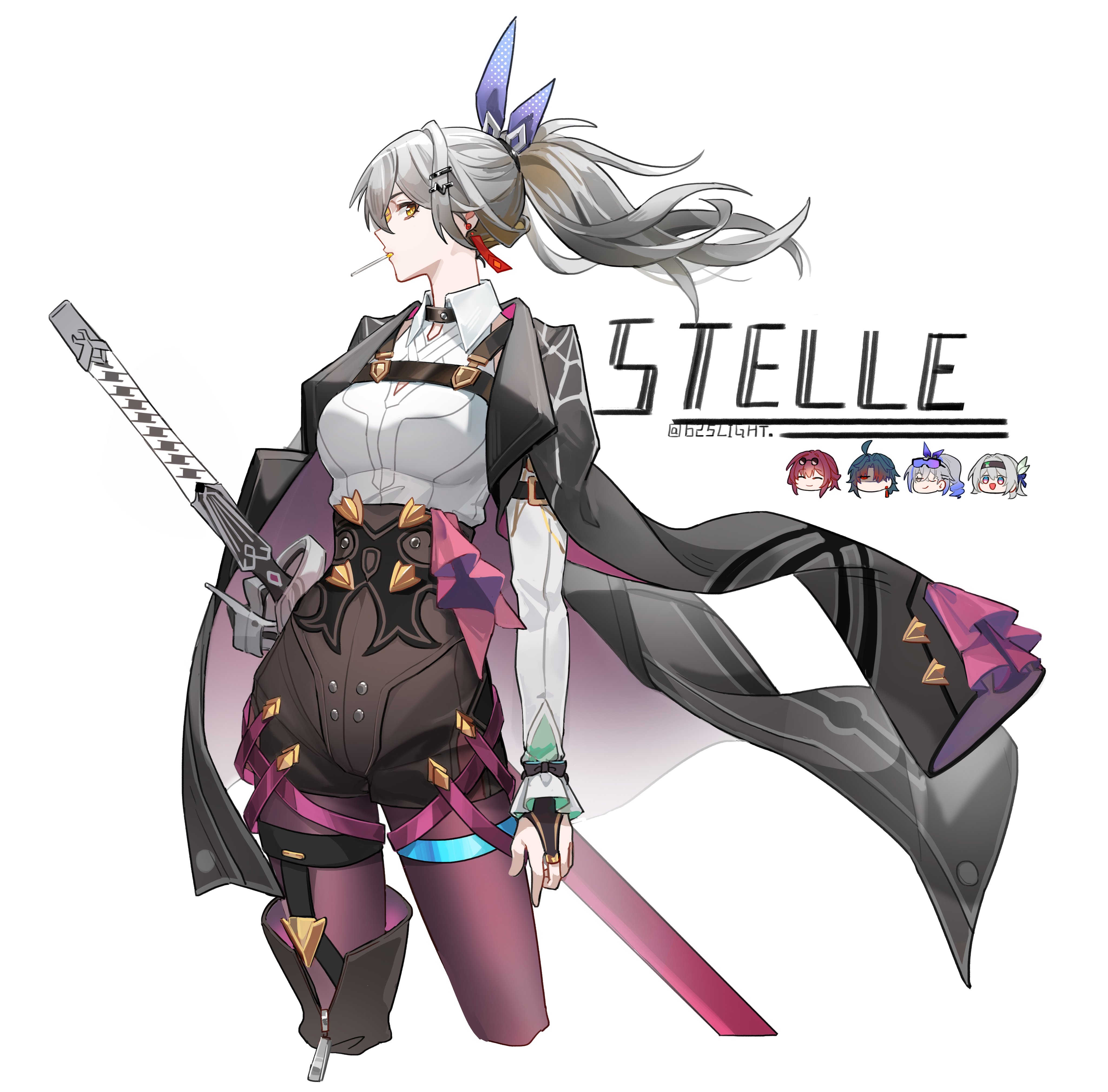625light, blade (honkai: star rail), firefly (honkai: star rail), kafka (honkai: star rail), silver wolf (honkai: star rail), stelle (honkai: star rail), trailblazer (honkai: star rail), honkai: star rail, honkai (series), absurdres, commentary, hashtag-only commentary, highres, 1boy, 4girls, alternate hairstyle, asymmetrical legwear, black shorts, boots, bridal gauntlets, chibi, collared shirt, cosplay, cropped legs, firefly (honkai: star rail) (cosplay), floating hair, from side, grey hair, hair ribbon, high-waist shorts, kafka (honkai: star rail) (cosplay), long sleeves, looking at viewer, looking to the side, multiple girls, pantyhose, ponytail, purple pantyhose, ribbon, shirt, shorts, sideways glance, simple background, sword, thigh boots, weapon, white background, white shirt, yellow eyes