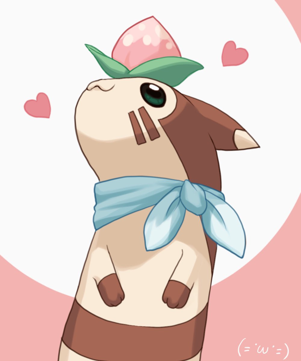 furret, nintendo, pokemon, highres, :3, animal focus, bandana, bandana around neck, berry (pokemon), closed mouth, gen 2 pokemon, heart, no humans, ootachi siaru, pecha berry, pokemon (creature), pokemon focus, smile, upper body