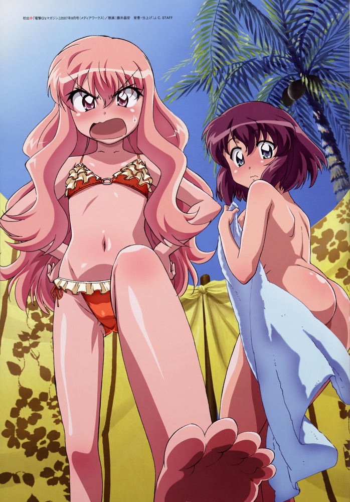 fujii masahiro, henrietta de tristain, louise francoise le blanc de la valliere, dengeki g's magazine, zero no tsukaima, angry, ass, barefoot, beach, bikini, blush, feet, swimsuit, towel