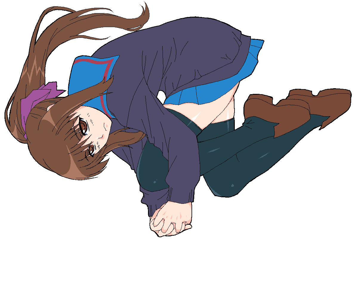 shichimenchou, kyon, kyonko, suzumiya haruhi no yuuutsu, gender request, 00s, 1girl, brown shoes, female focus, full body, genderswap, green thighhighs, ponytail, school uniform, shoes, simple background, solo, thighhighs, zettai ryouiki