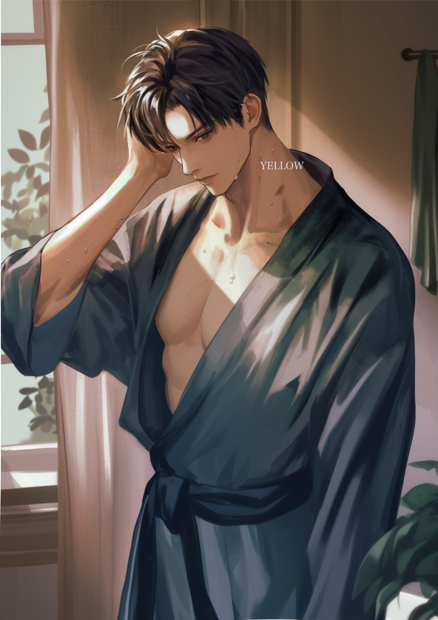 zayne (love and deepspace), love and deepspace, bad link, highres, male focus, open clothes, open robe, open shirt, robe