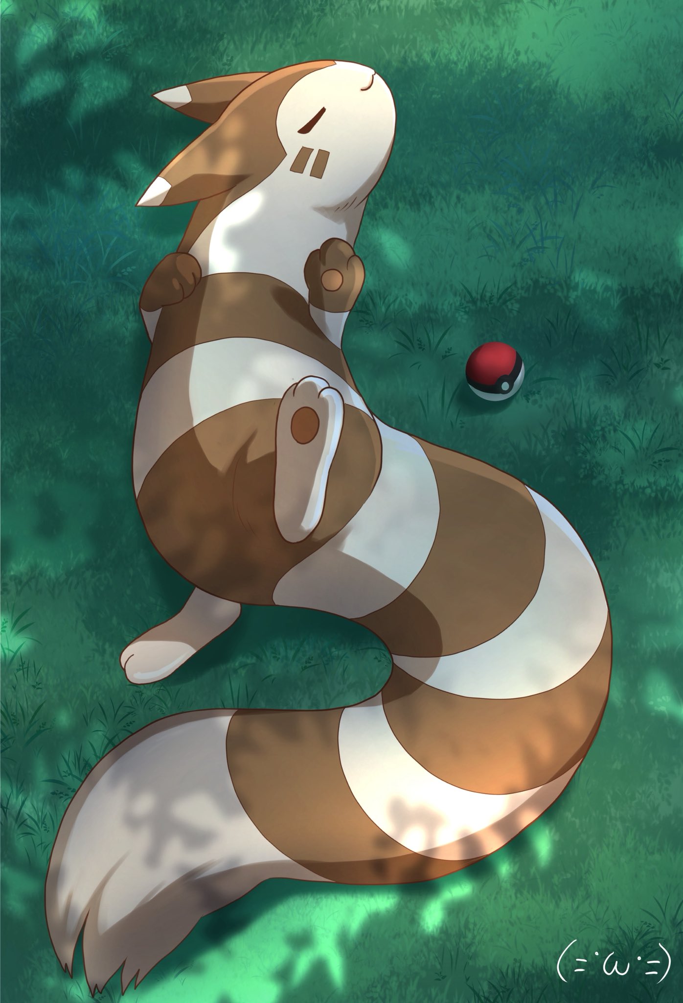 furret, nintendo, pokemon, highres, animal focus, brown fur, closed eyes, closed mouth, dappled sunlight, full body, gen 2 pokemon, grass, no humans, ootachi siaru, outdoors, poke ball, poke ball (basic), pokemon (creature), pokemon focus, smile, sunlight, tail