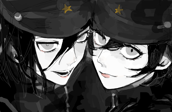 ichihashi raizou, jaibo, litchi hikari club, 2boys, androgynous, black hair, black hat, e223678, gakuseibou, grey eyes, hair between eyes, hat, multiple boys, smile