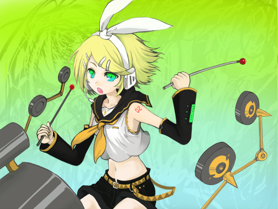 sasurai susuki, kagamine rin, susuki, vocaloid, bad id, bad pixiv id, 1girl, :o, arm tattoo, bare shoulders, belt, belt buckle, black shorts, blonde hair, blouse, blue eyes, breasts, buckle, collarbone, crop top, detached sleeves, drumsticks, female focus, gradient background, green eyes, hair ornament, hairclip, holding, long sleeves, multicolored eyes, nail polish, navel, number tattoo, open mouth, school uniform, serafuku, shirt, short hair, shorts, sitting, sleeveless, sleeveless shirt, small breasts, solo, stomach, swept bangs, tattoo, treble clef, yellow nails