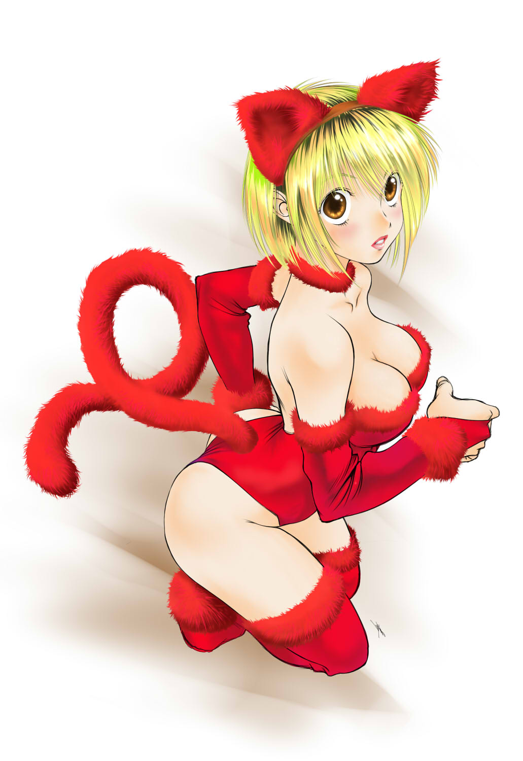 shinobu (tyno), original, highres, 1girl, animal ears, blonde hair, breasts, cat ears, cat tail, cleavage, female focus, gradient background, short hair, solo, tail, thighhighs