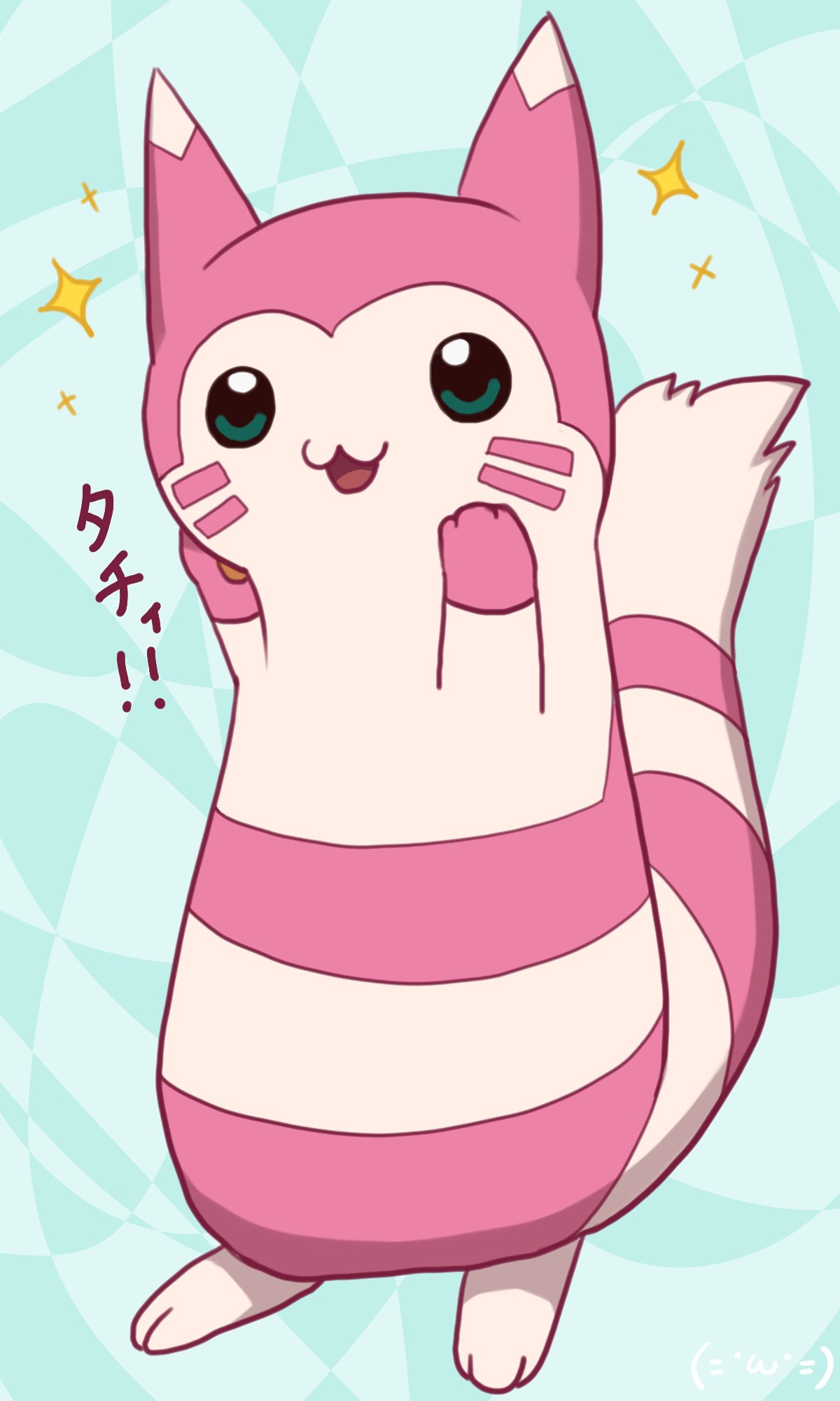 furret, nintendo, pokemon, highres, alternate color, animal focus, full body, gen 2 pokemon, green eyes, looking at viewer, no humans, ootachi siaru, open mouth, pink fur, pokemon (creature), pokemon focus, shiny pokemon, smile, star (symbol), tail