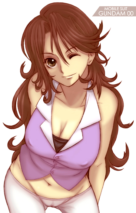 kannagi kaname, sumeragi lee noriega, gundam, gundam 00, bad id, bad pixiv id, 00s, 1girl, breasts, brown eyes, brown hair, cameltoe, cleavage, covered erect nipples, female focus, groin, large breasts, long hair, navel, one eye closed, solo, wink