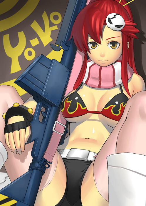 k+, yoko littner, tengen toppa gurren lagann, 00s, 1girl, bikini, bikini top only, breasts, female focus, large breasts, long hair, ponytail, red hair, solo, swimsuit, thighhighs, yellow eyes