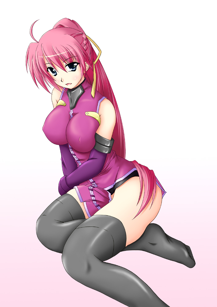 sakura yuu, signum, lyrical nanoha, mahou shoujo lyrical nanoha, mahou shoujo lyrical nanoha a's, 00s, 1girl, blue eyes, breasts, female focus, gradient background, pink hair, ponytail, solo, thighhighs, zettai ryouiki