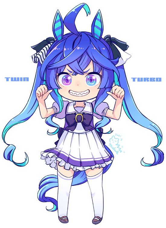 mizuki maya, twin turbo (umamusume), umamusume, commentary request, 1girl, @ @, animal ears, bow, bowtie, brown shoes, character name, double thumbs up, frilled skirt, frills, grin, horse ears, horse girl, horse tail, long sidelocks, mary janes, miniskirt, pleated skirt, pointing, pointing at self, pointing with thumb, puffy short sleeves, puffy sleeves, purple bow, purple bowtie, purple shirt, sailor collar, school uniform, serafuku, sharp teeth, shirt, shoes, short sleeves, sidelocks, simple background, skirt, smile, solo, tail, teeth, thighhighs, thumbs up, twintails, very long sidelocks, white background, white sailor collar, white skirt, white thighhighs, zettai ryouiki