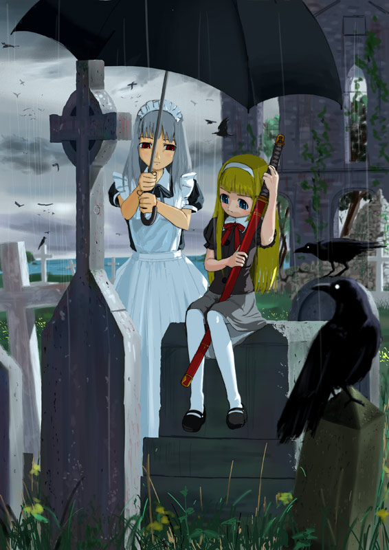 nekokan, original, white legwear, bird, blunt bangs, blurry, celtic cross, cross, crow, depth of field, frown, graveyard, holding, holding sword, holding umbrella, holding weapon, katana, latin cross, maid, ocean, outdoors, pantyhose, rain, ravens, sheath, sheathed, sitting, sword, two-handed, umbrella, weapon
