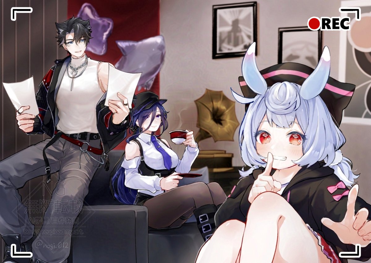 nogi 012, clorinde (genshin impact), sigewinne (genshin impact), wriothesley (genshin impact), genshin impact, commentary request, alternate costume, belt, black boots, black hair, black hat, black hoodie, black pantyhose, black shorts, blue eyes, blue hair, boots, breasts, chair, closed mouth, clothing cutout, collared shirt, cup, finger to mouth, hat, holding, holding cup, holding paper, hood, hoodie, indoors, jacket, jewelry, large breasts, long hair, looking at viewer, low-tied long hair, low twintails, multicolored hair, necklace, open clothes, open jacket, pants, pantyhose, paper, picture frame, purple eyes, recording, red eyes, shirt, short hair, shorts, shoulder cutout, shushing, single off shoulder, sitting, smile, streaked hair, tank top, twintails, viewfinder, white shirt, white tank top, wriothesley (galaxy store) (genshin impact)