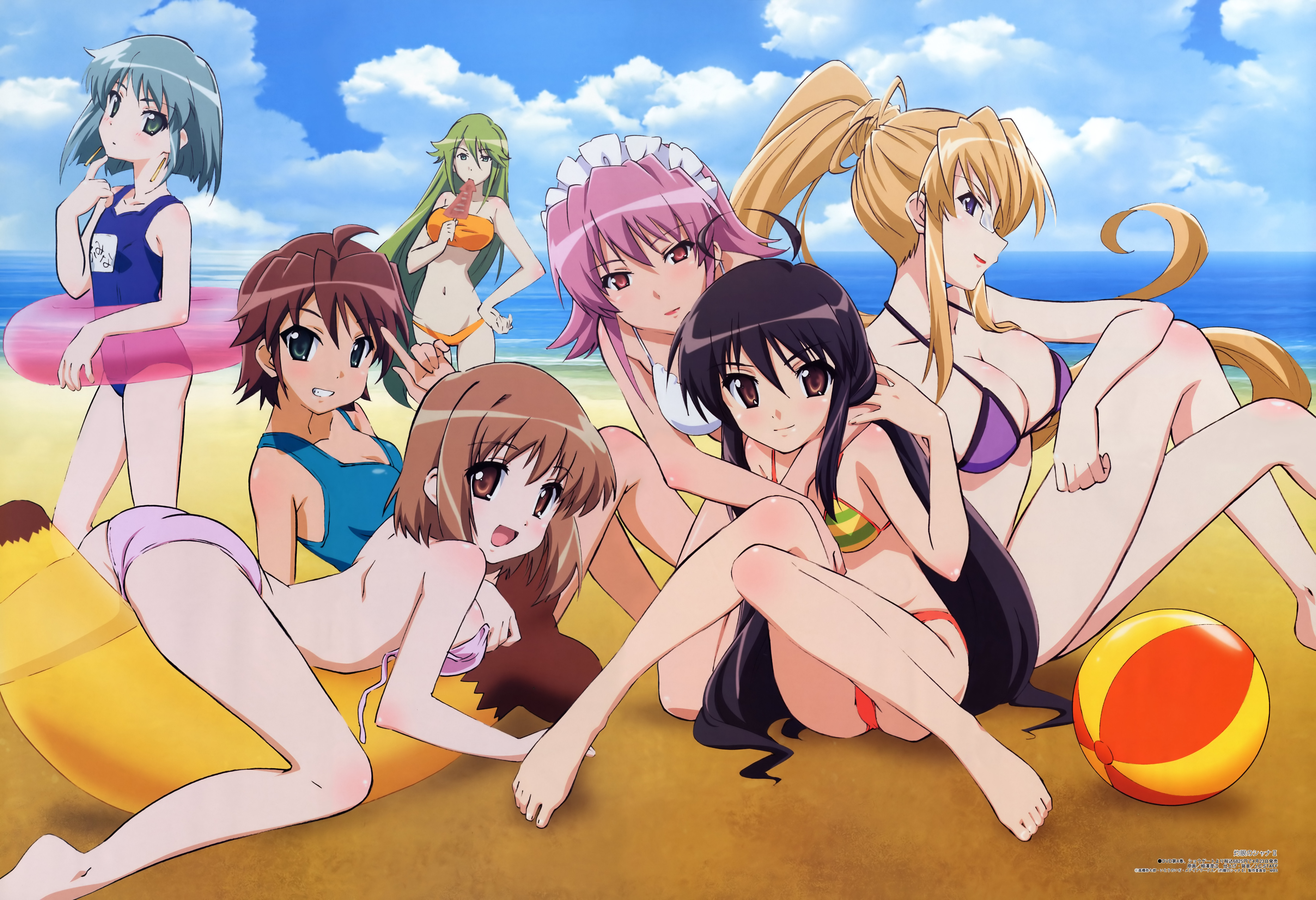 aizawa sumie, konoe fumina, margery daw, ogata matake, pheles, shana, wilhelmina carmel, yoshida kazumi, megami magazine, shakugan no shana, shakugan no shana ii, arm grab, absurdres, highres, official art, scan, 00s, 6+girls, :d, age difference, ahoge, antenna hair, aqua eyes, arched back, ass, back, ball, banana boat, bandeau, bare back, barefoot, beach, beachball, bikini, black hair, blonde hair, blue eyes, blue hair, blue one-piece swimsuit, blush, bob cut, breasts, brown eyes, brown hair, cleavage, clenched hand, cloud, crossed legs, day, earrings, eating, everyone, feet, finger to face, finger to own chin, flat chest, floating hair, food, frills, from side, full body, glasses, green eyes, green hair, grin, groin, hair between eyes, hair bun, hand on own chin, hand on own hip, head tilt, high ponytail, holding, hug, hug from behind, huge ahoge, ikayaki, index finger raised, inflatable raft, innertube, jewelry, knees together feet apart, large breasts, leaning, legs, light smile, lipstick, long hair, long legs, looking at viewer, looking back, lowleg, lowleg bikini, lying, maid, maid headdress, makeup, mature female, multiple girls, name tag, ocean, on ground, on stomach, one-piece swimsuit, open mouth, orange bikini, outdoors, pince-nez, pink eyes, ponytail, purple bikini, purple hair, reclining, red lips, school swimsuit, semi-rimless eyewear, short hair, sideboob, sidelocks, single hair bun, sitting, sky, small breasts, smile, straddling, string bikini, striped bikini, striped clothes, stroking own chin, swim ring, swimsuit, tan, taut clothes, toes, tomboy, transparent, under-rim eyewear, untied bikini, very long hair, water
