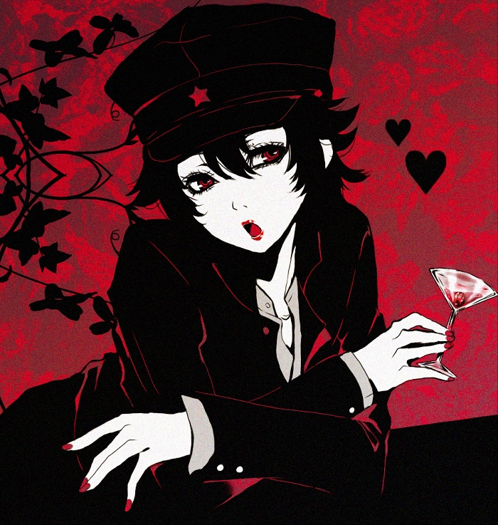 yyy246, ichihashi raizou, litchi hikari club, 1boy, androgynous, black hair, cup, gakuran, gakuseibou, hat, holding, holding cup, open mouth, red background, red eyes, red lips, red nails, school uniform