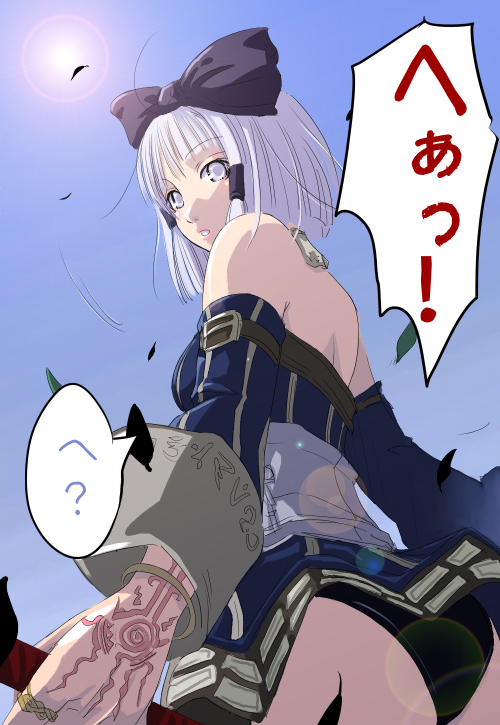 mr.romance, fantasy earth zero, ragnarok online, silver hair, translation request, 1girl, ?, ass, bare shoulders, black panties, blue skirt, blue sky, bob cut, bracelet, breasts, buckle, corset, day, detached sleeves, female focus, grey eyes, hair ribbon, hair tubes, jewelry, looking back, medium breasts, panties, pantyshot, parted lips, ribbon, ring, short hair, skirt, sky, solo, tattoo, underwear, upskirt
