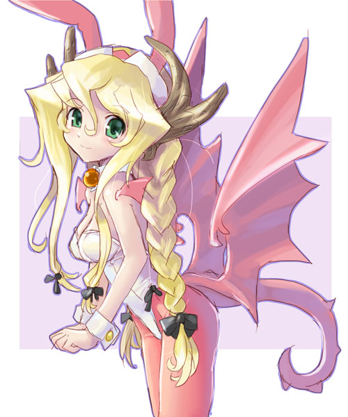 katahira masashi, original, animal ears, blonde hair, braid, cowboy shot, detached collar, fake animal ears, green eyes, hair between eyes, horns, leotard, low wings, pantyhose, pink pantyhose, playboy bunny, rabbit ears, solo, tail, wings