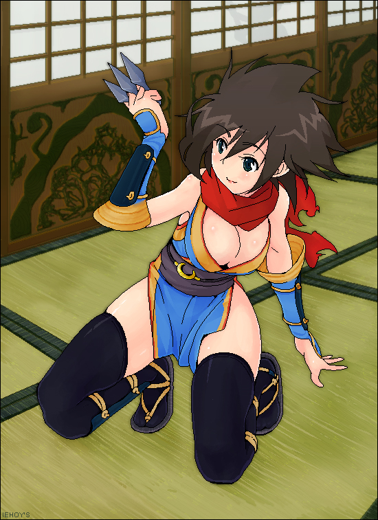 amami amayu, ninja (ragnarok online), ragnarok online, 1girl, breasts, brown hair, cleavage, female focus, indoors, kneeling, kunai, large breasts, ninja, revealing clothes, scarf, solo, tatami, thighhighs, weapon