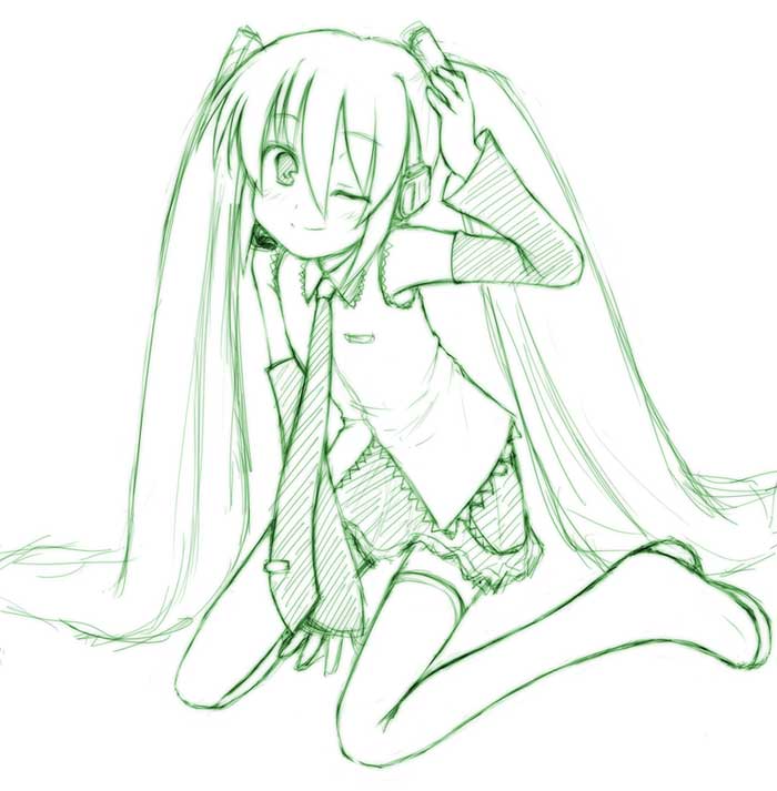 uchida tomohiko, hatsune miku, vocaloid, 1girl, female focus, green theme, kneeling, long hair, monochrome, necktie, one eye closed, solo, thighhighs, twintails, very long hair, wink