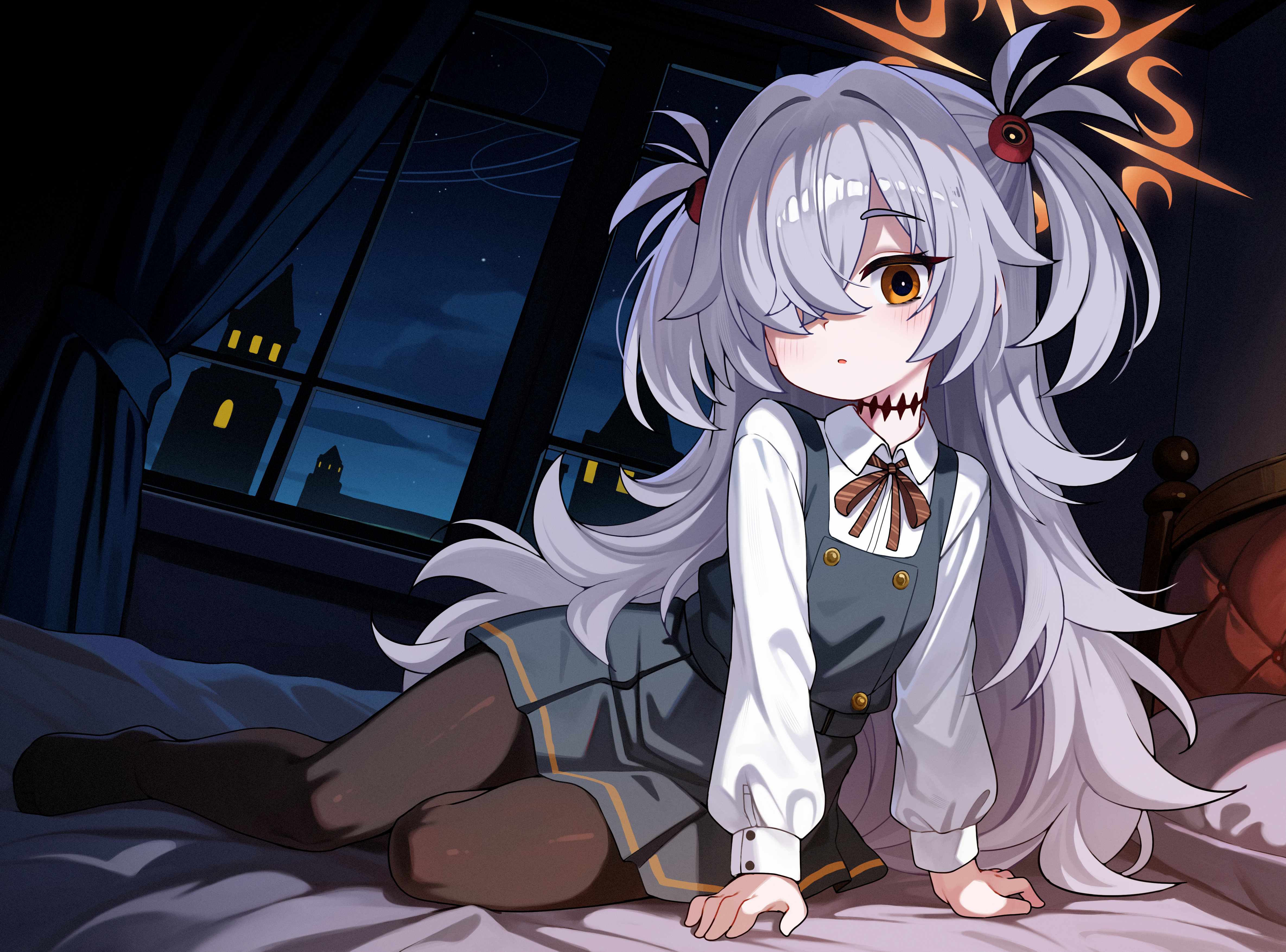 luxuriou s, kanoe (blue archive), blue archive, absurdres, commentary, english commentary, highres, 1girl, dress, grey hair, hair over one eye, halo, long hair, long sleeves, looking at viewer, open mouth, orange eyes, orange halo, pantyhose, shirt, solo, white shirt, window