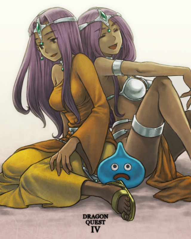nichiq, manya (dq4), minea (dq4), slime (dragon quest), chunsoft, dragon quest, dragon quest iv, enix, 2girls, armband, armlet, belly chain, bikini, bikini top only, circlet, closed eyes, collar, copyright name, d:, dark-skinned female, dark skin, dress, feet, hat, jewelry, long hair, lots of jewelry, multiple girls, open mouth, pelvic curtain, purple eyes, purple hair, sandals, siblings, sisters, slime (creature), smile, swimsuit, thigh strap, yellow dress