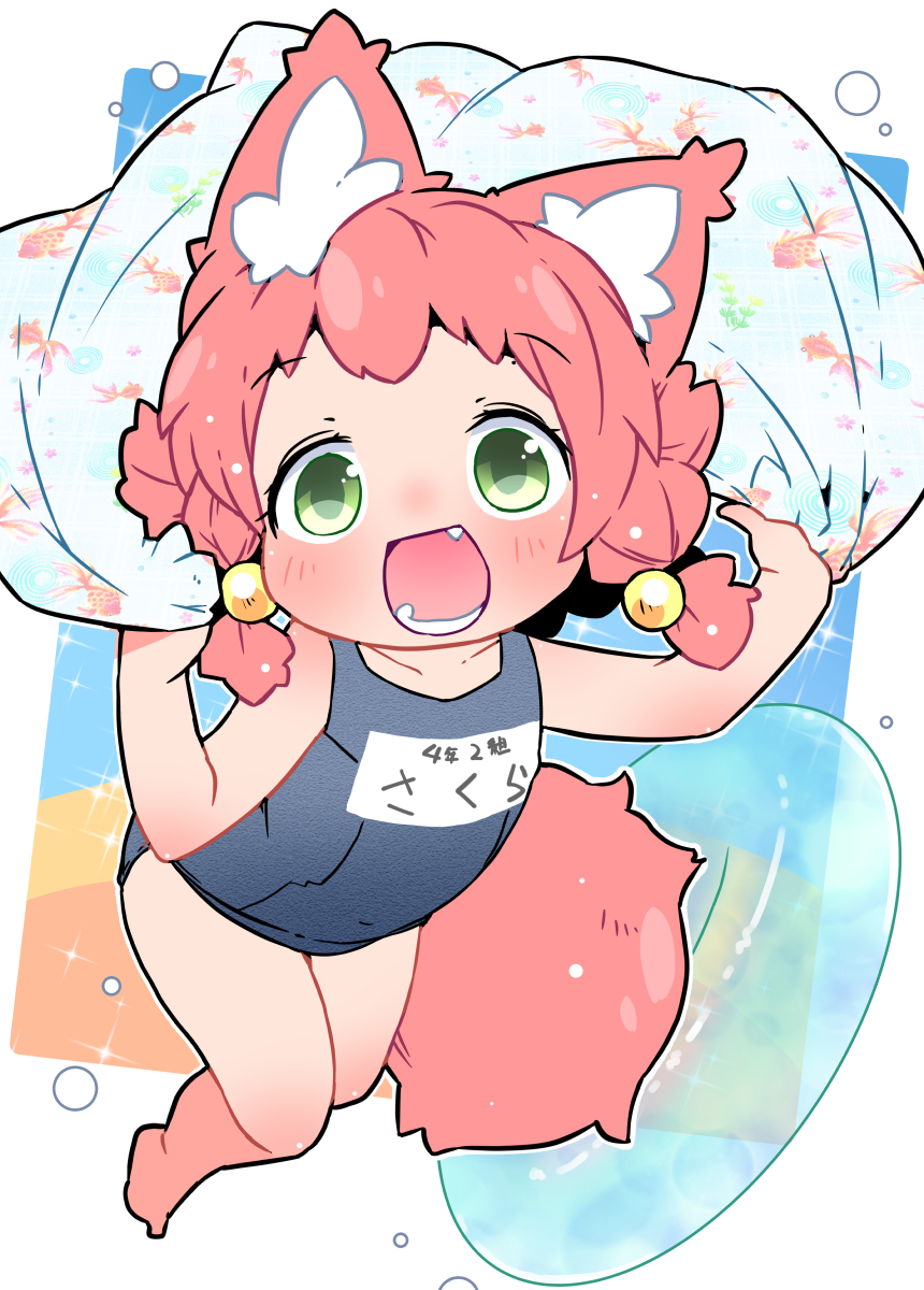 nomeoil, original, commentary request, highres, 1girl, animal ears, blue one-piece swimsuit, flat chest, green eyes, hair ornament, one-piece swimsuit, open mouth, pink hair, school swimsuit, solo, swimsuit, tail, twintails