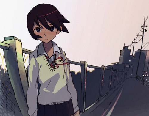 kaiza, nirmeli, original, looking away, lowres, 1boy, arms at sides, black eyes, black hair, city, collarbone, crossdressing, crossdressing (mtf), fence, long sleeves, looking to the side, loose neck ribbon, male focus, neck ribbon, outdoors, pole, ribbon, road, school uniform, serafuku, solo, street, sweater, trap, utility pole
