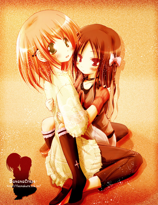 minadori naya, original, black footwear, black neckwear, 2girls, :d, between legs, black pants, black socks, blush, bow, brown hair, collarbone, fingerless gloves, gloves, green eyes, hair bow, hair ornament, hairclip, hug, kneehighs, long hair, looking at viewer, multiple girls, open mouth, orange hair, pants, pink bow, red gloves, red ribbon, ribbon, shoe soles, shoes, short sleeves, silhouette, sitting, smile, socks, tareme, wariza
