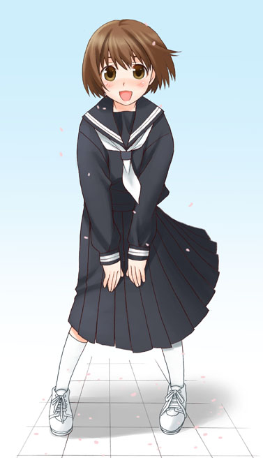 mattaku mousuke, original, 1girl, :d, black serafuku, black skirt, blush, brown eyes, brown hair, female focus, long skirt, open mouth, petals, pleated skirt, school uniform, serafuku, short hair, skirt, smile, socks, solo, white socks