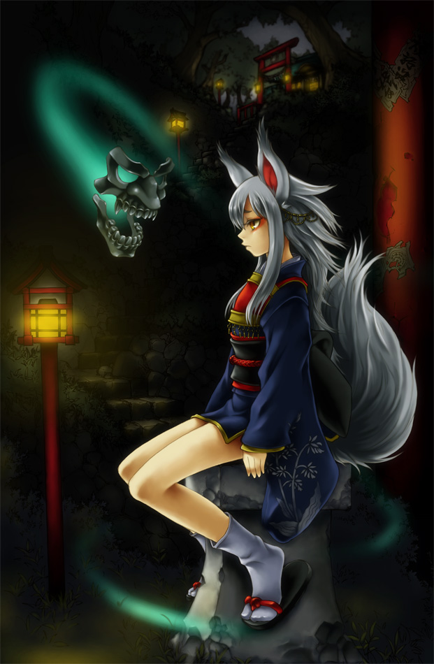 toshi, original, light, silver hair, bad id, bad pixiv id, 1girl, animal ears, dark, demon, female focus, floating skull, fox ears, japanese clothes, kimono, mask, profile, sandals, short kimono, socks, solo, stairs, tail, torii