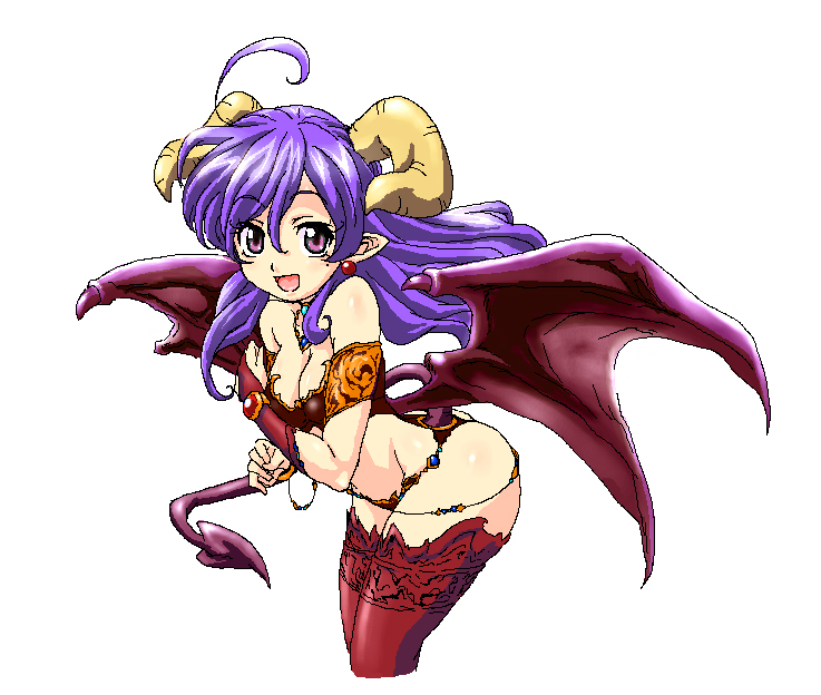 fujimoto satoru, original, 1girl, :d, ahoge, ass, bikini, blush, breasts, cleavage, cropped legs, demon girl, demon wings, female focus, horns, looking at viewer, navel, open mouth, purple eyes, purple hair, red bikini, red thighhighs, revealing clothes, smile, solo, stomach, swimsuit, tareme, thighhighs, wings