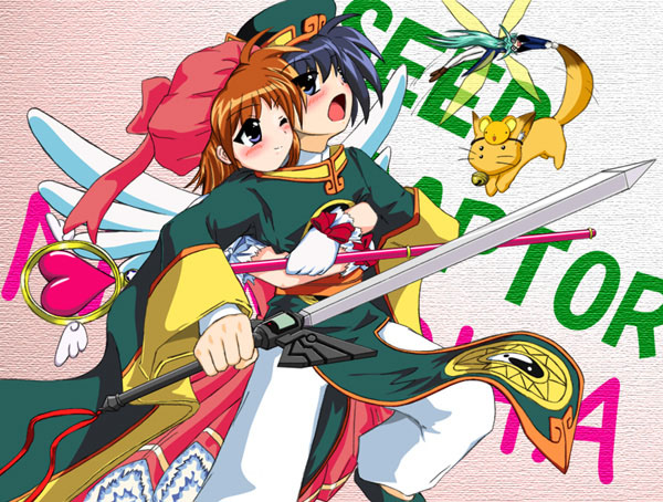 chrono harlaown, kero (cardcaptor sakura), kinomoto sakura, kuon (triangle heart), li syaoran, lindy harlaown, takamachi nanoha, cardcaptor sakura, lyrical nanoha, mahou shoujo lyrical nanoha, triangle heart, triangle heart 3, triangle heart 3 lyrical toy box, pink headwear, 1boy, 1girl, blue eyes, blue hair, child, cosplay, fairy, fairy wings, ferret, hat, hoshi no tsue, kero (cosplay), kinomoto sakura (cosplay), li xiaolang (cosplay), magical girl, mask, mini person, minigirl, one eye closed, purple eyes, red hair, sword, weapon, wings