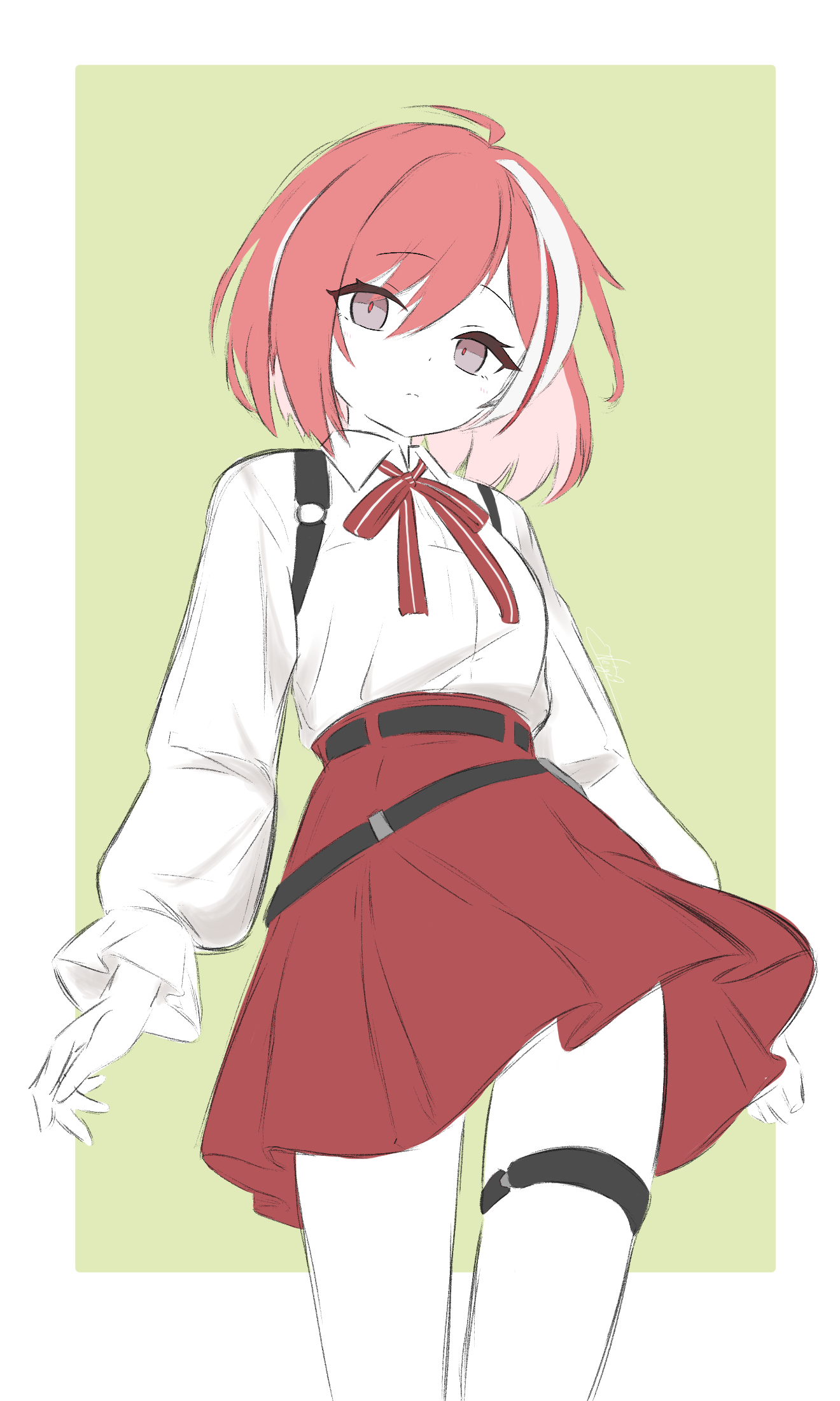 noire neige, eika (strinova), strinova, highres, 1girl, ahoge, belt, green background, hair between eyes, harness, looking at viewer, multicolored hair, pale skin, red eyes, red hair, ribbon, short hair, simple background, skirt, solo, standing, thigh strap, thighs, white hair, wind