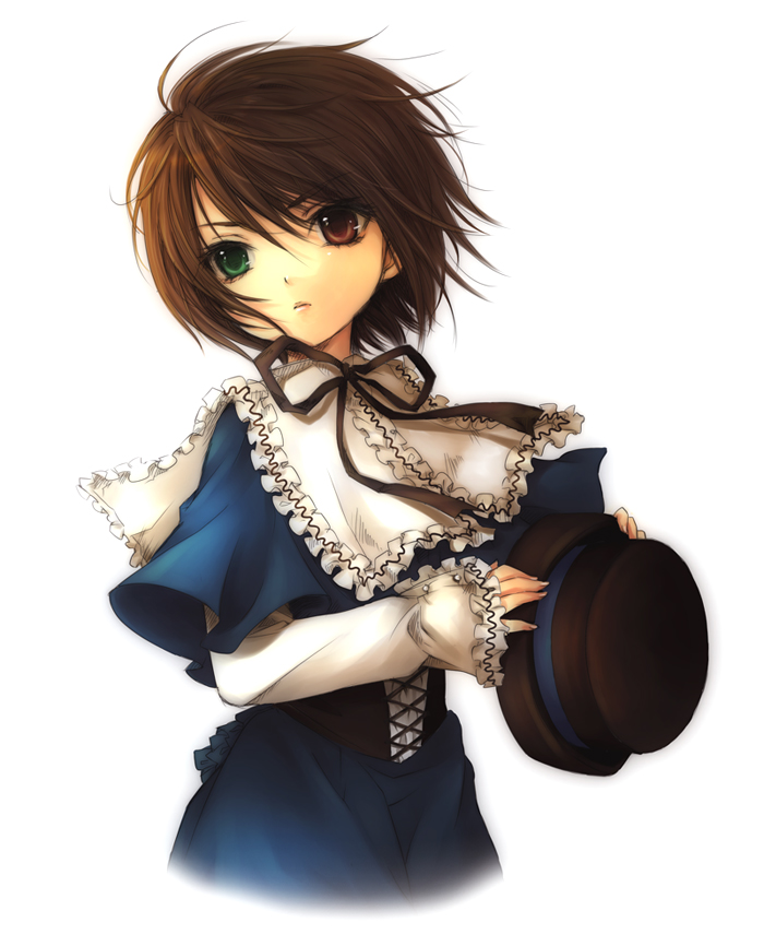 mizunomoto, souseiseki, rozen maiden, 00s, 1girl, brown hair, female focus, gradient background, heterochromia, short hair, solo