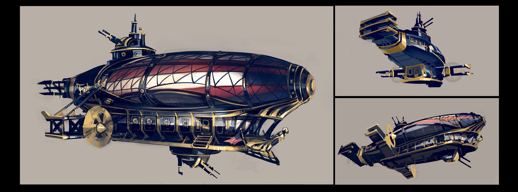 ben lo, bioshock, bioshock (series), bioshock infinite, highres, aircraft, airship, black border, bolt (hardware), border, door, multiple views, no humans, painterly, ship turret, stairs, vehicle focus, window