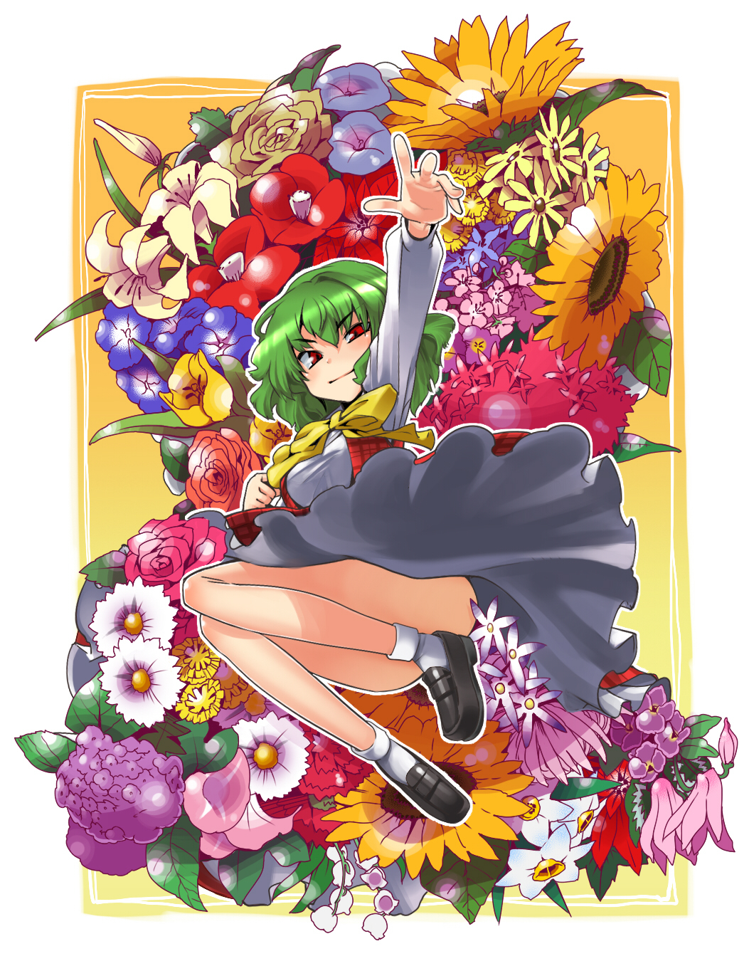 gengorou, kazami yuuka, touhou, highres, >:), 1girl, arm up, bellflower, bow, camellia, carnation, cherry blossoms, daffodil, daisy (flower), dandelion, female focus, floral background, flower, green hair, hydrangea, leaf, lily (flower), lily of the valley, looking at viewer, morning glory, outline, plaid clothes, plaid skirt, plaid vest, plant, red eyes, rose, skirt, skirt set, smile, solo, sunflower, tulip, upskirt, v-shaped eyebrows, vest