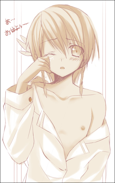 zinno, original, tagme, flat chest, monochrome, nipples, sleepy, solo