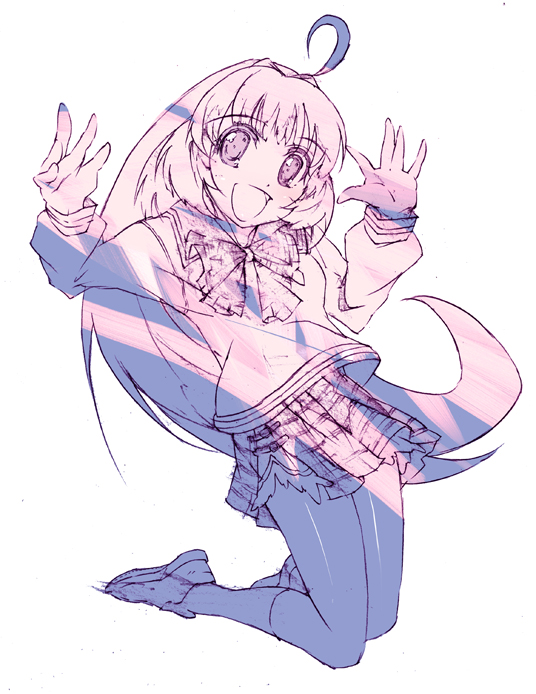 kitano yuusuke, original, 1girl, :d, female focus, monochrome, open mouth, pink theme, plaid clothes, plaid skirt, purple theme, school uniform, serafuku, skirt, smile, solo