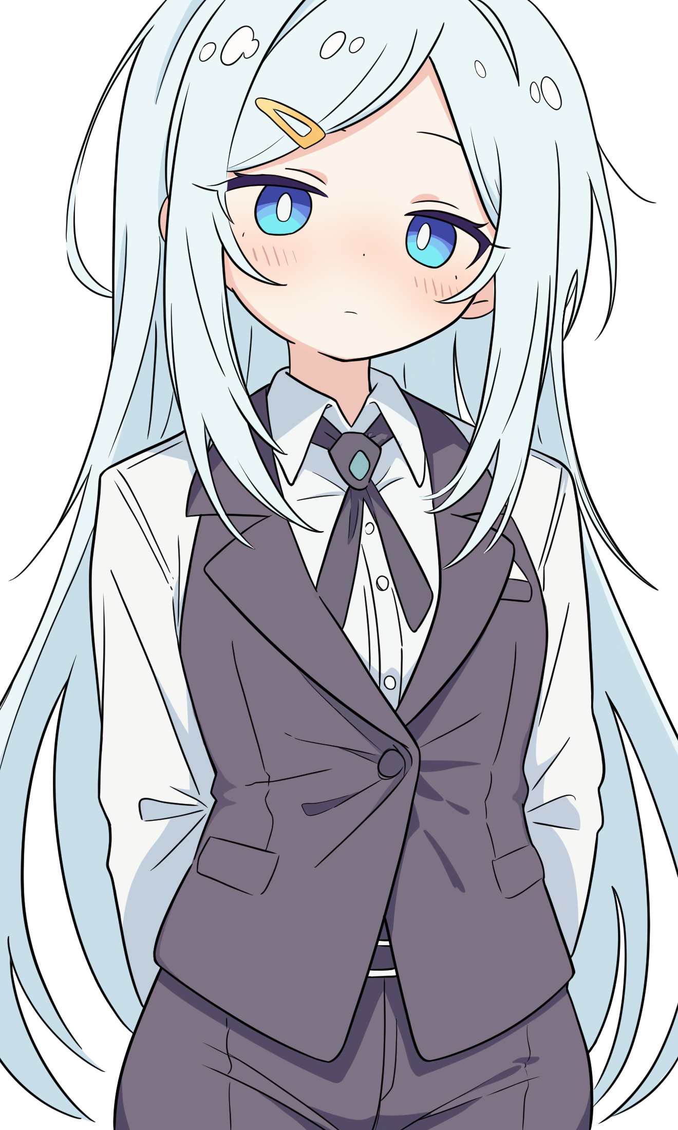 noire neige, original, highres, 1girl, blue eyes, blue hair, blush, bow, bowtie, dress shirt, formal clothes, hair ornament, hairclip, jacket, long hair, looking at viewer, multicolored hair, pants, shirt, simple background, sleeveless, sleeveless jacket, solo, streaked hair, swept bangs, white background