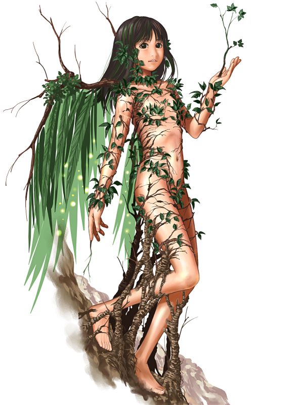 brazen, original, 1girl, barefoot, black eyes, brown hair, censored, convenient censoring, dryad, female focus, flat chest, long hair, monster girl, nature, navel, nude, plant girl, solo, wings