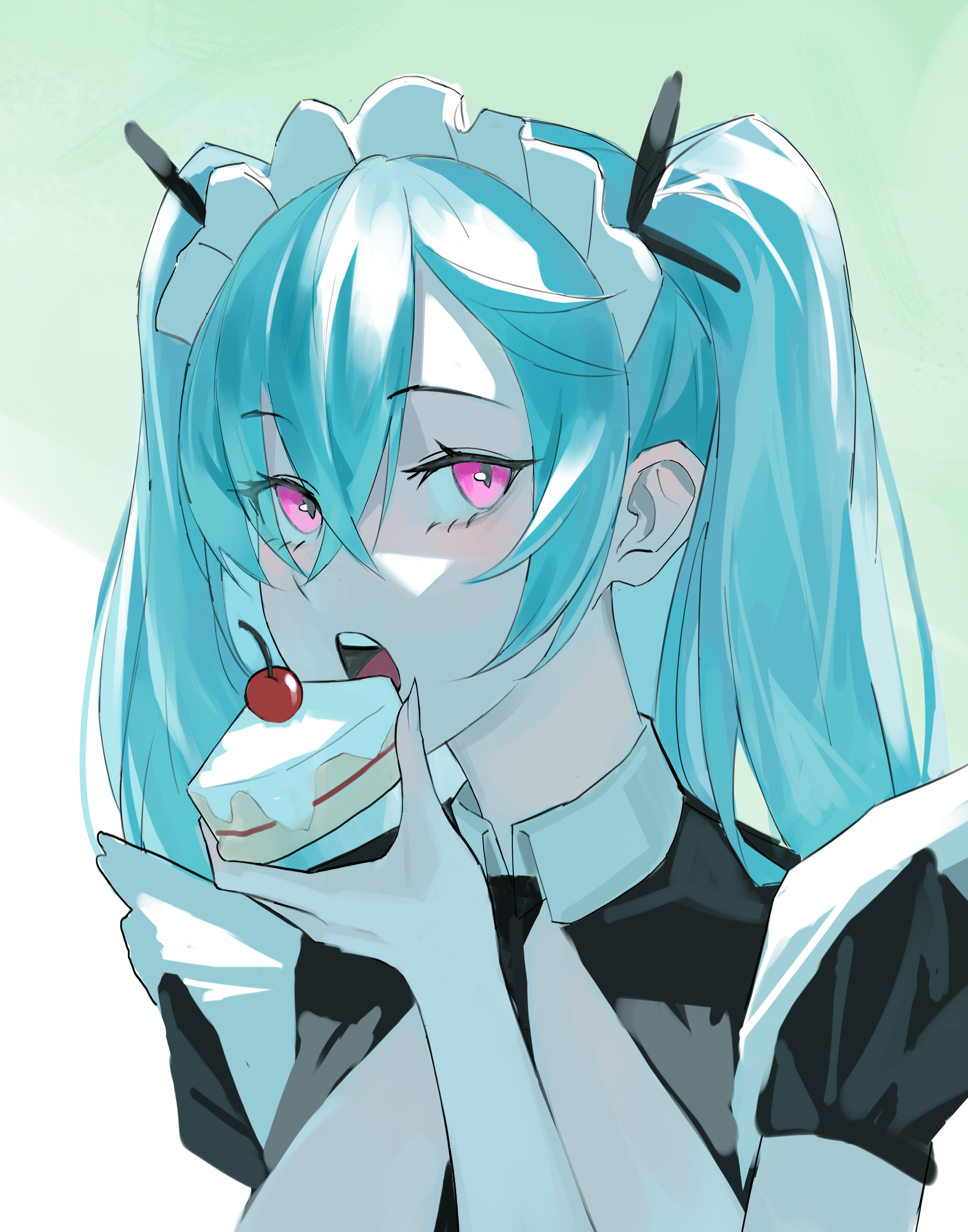 ciomey, akeno(itsnafulol), 1girl, bikini, birthday, birthday cake, blue hair, cake, cake slice, cherry, eating, eyelashes, fingernails, food, fruit, hair ornament, hair ribbon, holding, holding food, maid, maid bikini, maid headdress, open mouth, pink eyes, ribbon, tongue, twintails, unconventional maid, upper body, white background