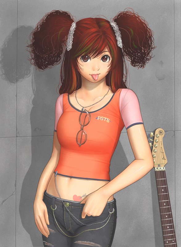 brazen, original, :p, brown eyes, brown hair, glasses, guitar, instrument, long hair, navel, solo, tattoo, tongue, tongue out, two side up
