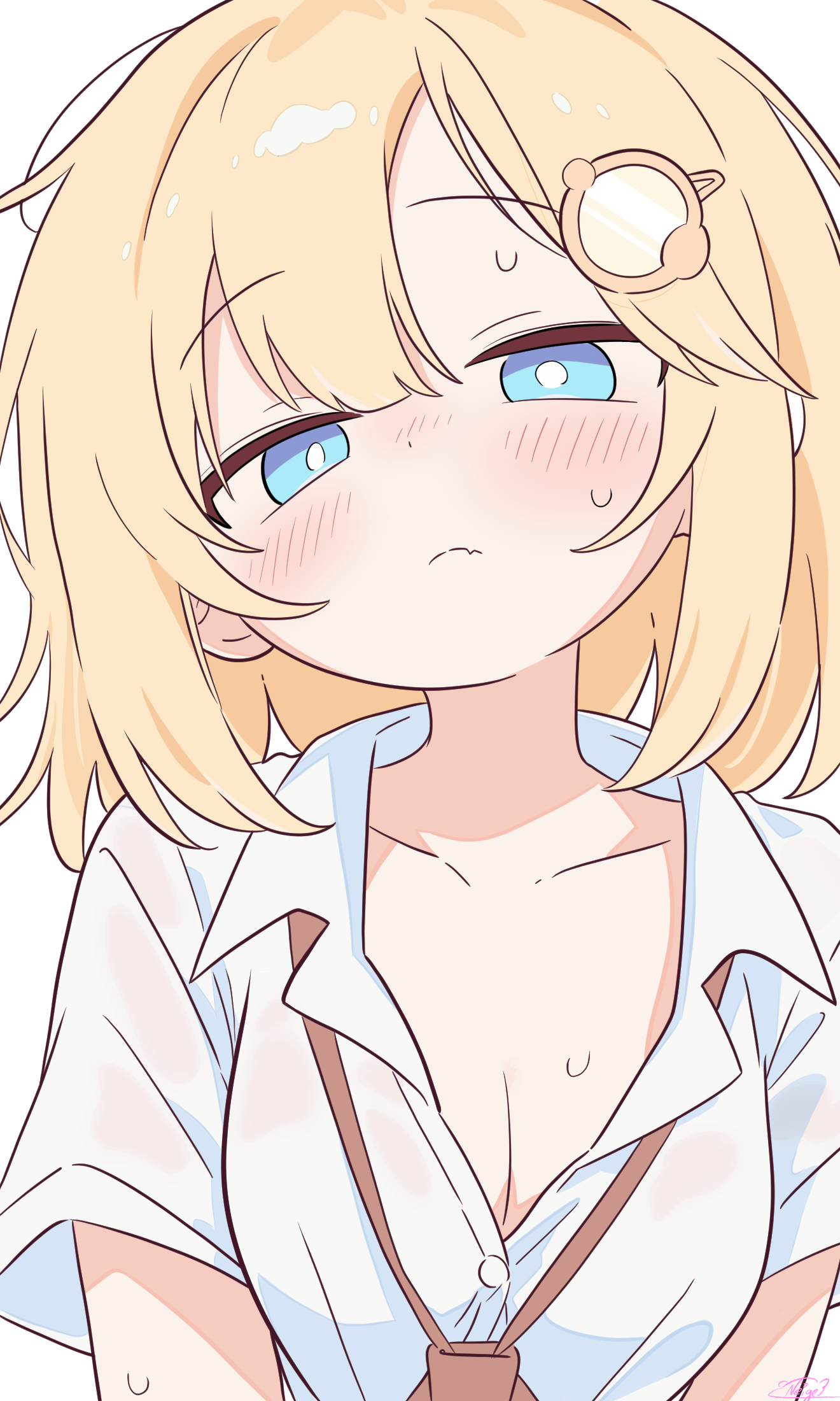 noire neige, watson amelia, hololive, hololive english, highres, 1girl, asymmetrical bangs, blonde hair, blue eyes, blush, bob cut, breasts, cleavage, collarbone, dress shirt, fang, frown, hair ornament, large breasts, looking at viewer, loose necktie, monocle, necktie, see-through clothes, shirt, short hair, simple background, skin fang, solo, sweat, sweatdrop, white background, white shirt